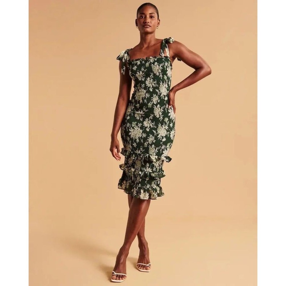 Abercrombie & Fitch Floral‎ Tie Strap Smocked Dress In Green Women's Size XS